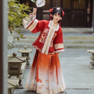 New Women’s Han Chinese Clothing Ming Square Collar Coat Neck Horse-Face Skirt Embroidery Autumn and Winter Suit