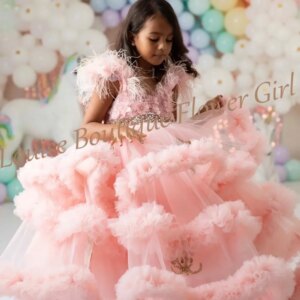 Pink Luxury Flower Girl Dress Tulle A-Line Tiered Floor Length Appliques Feathers Ball Gown For Girls First Communion Party Gown