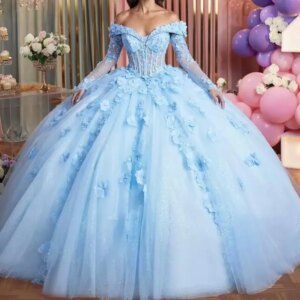 Customized Shiny Sky Blue Quinceanera Dresses Applique Ball Gown Bow Tull Flower Long Sleeves Corset Birthday Party customized P