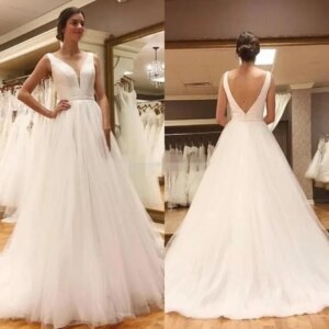 Sexy V Neck Dresses Satin Tulle Backless Sweep Train Modest Beach Country Wedding Dress Custom Made Vestido De Novia 2024