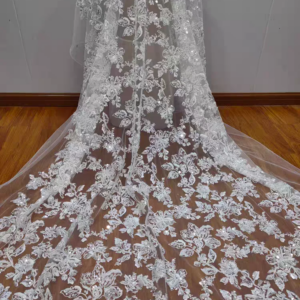 Simple Elegant Floral Embroidered Lace With Sparkling Sequins and Beaded Bridal Dress Beauty Mesh Fabric