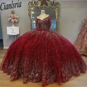 Dark red glitter Crystal quinceanera dresses ball gown long sleeve appliques lace custom corset vestidos de XV anos