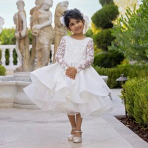 Tulle Flower Girl Dress For Wedding Sequins Beading Short Sleeve With Bow Child First Eucharistic Birthday Party Dresses