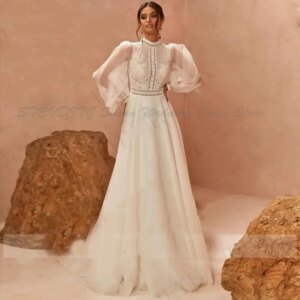 Elegant Wedding Dresses Boho Vestidos De Boda 2025 Long Puff Sleeves A-Line Bride Gowns High Neck Lace Appliques Bridal Tulle
