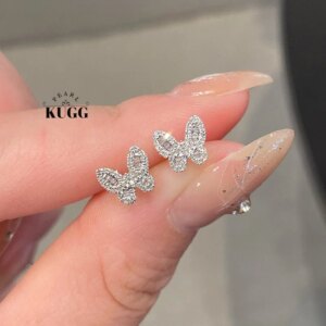 KUGG 100% 18K White Gold Earrings Real Natural Diamond Stud Earrings Elegant Butterfly Shape High Wedding Jewelry for Women