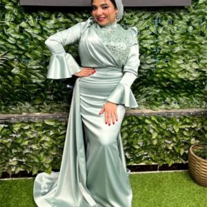Arabic Dubai Evening Dress With Train High Neck Muslim Sequin Prom Dress Long Sleeve Mermaid Formal Birthday Party Customized
