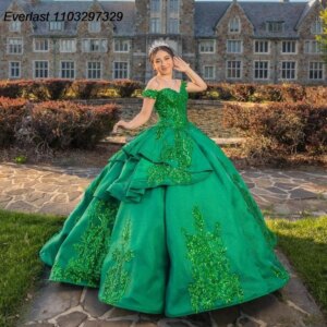 EVLAST Customized Green Quinceanera Dress Ball Gown Shiny Lace Applique Beaded Crystal Corset Sweet 16 Vestido De 15 Anos QD1167