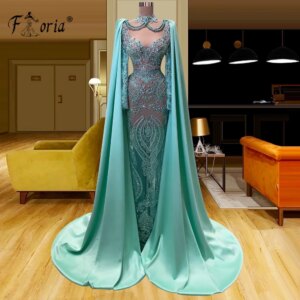 Luxury Dubai Mermaid Formal Evening Dresses with Cape Beads Crystal Green Party Gowns Saudi Arab Celebrity Dress Robe De Soiree