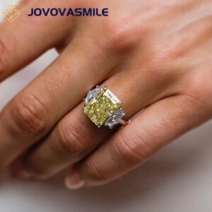 JOVOVASMILE 12X9mm 6 Carat Moissanite Yellow Canary Crushed Ice Radiant Center With Two Side Tone 10K Yellow Gold Setting