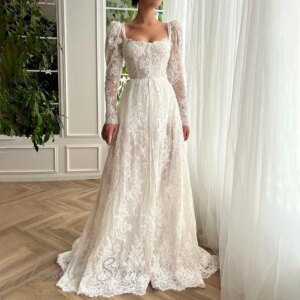 LRosella-Square Collar Floor Length Wedding Dress for Women, Lace and Elegant, Bohemian Appliques, Bride, Bespoke Gowns, 2024