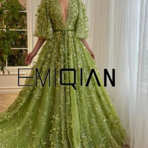 Said Dubai Luxury Evening Dresses Plunging V-neck Green 3D Embroidered Flowers Evening Dresses for Women Wedding Party Gowns