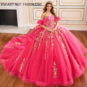 EVLAST Customized Mexican Pink Quinceanera Dress Ball Gown Gold Lace Applique Beading Tiered Sweet 16 Vestido De 15 Anos E1Q80