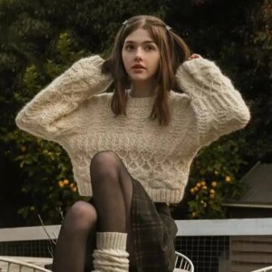 Women’s Round Neck Pullover, Khaki Wool Sweater, Loose and Lazy Mohair, Hand Woven Knitted Top, Spring and Autumn Style
