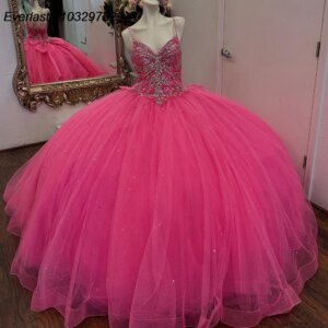 EVLAST Customized Pink Quinceanera Dress Ball Gown Shiny Applique Beaded Crystal Spagfhetti Sweet 16 Vestido De 15 Anos QD1008