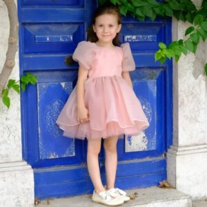 Flower Girl Dresses Pink Satin Tulle Puffy With Bow Short Sleeve For Wedding Birthday Holy Communion Banquet Princess Gowns