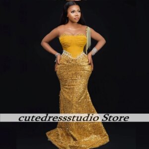 Luxury Golden Sequin Prom Dresses For African Girls Sleeveless Wedding Party Dress Shinny Tassel Beaded Evening Gowns Customized