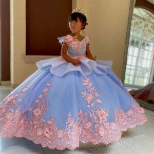 Sky Blue Flower Girl Dress for Wedding Pink Lace Appliqued Party Princess Holy Boho Tulle Baby Birthday First Communion Dress