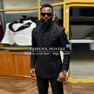 Man Double Breasted Groom Wedding Tuxedos Exclusive Stoned Jewelried Prom Blazers Customized Formal Party Suits Men Slim Fit 2PC