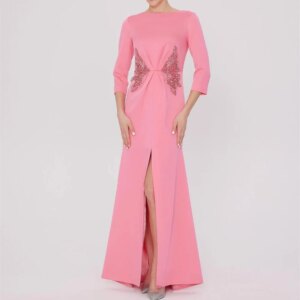 Elegant long pink satin beaded dress A-line O-neck evening gown formal party dance dress customization