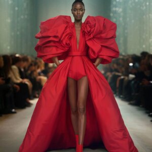 2025 New Couture Red Satin Women Jumpsuits With Detachable Train Extra Puff Sleeves Uniques Maxi Gowns Formal Party Dress