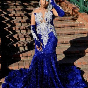 Royal Blue African American Prom Dresses For Black Girls Mermaid Sequins Crystals Nigeria Robe De Soiree Evening Gown Customized