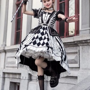 Gothic Lolita JSK Dress Polyester Rhombus Dot Bows Detachable Overskirt Sleeveless Black Lolita One Piece Dresses By With PUJI