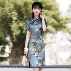 Spring and Summer High Quality Real Silk Printed Chinese Style Improved plus Size Cheongsam Qipao Women’s Dress