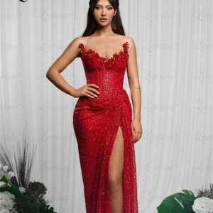 2024 Red Party Dress For Weddings Engagement Gowns High Split Side Prom Dresses Crystals Party Second Reception Evening Dress