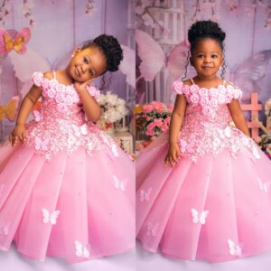 Butterfly Pink Kids Birthday Party Dresses Customized Cute Flower Girl Dresses for Wedding Baby Girls Prom for Photoshoot