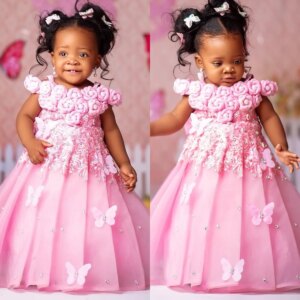 Pink Flower Girls Birthday Party Dresses Customized 3D Floral Girl’s Dress for Wedding Princess Pageant Gowns for Photo Shoot