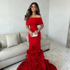 Off the Shoulder Sexy Customized Evening Dresses 3D Flower Party Dress Court Train Floor-Length Party Dresses 2025 فستان وردي