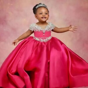 Customized African Flower Girl Dresses Ball Gown Sheer Appliques Beaded Baby Little Girl Peageant Dress Gowns For Black Girls