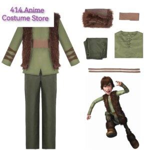 Anime Dragon Hiccup Cosplay Costume Green T Shirt Pant Brown Vest  Set Halloween Fancy Dress for Man