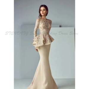 Champagne Lace Stain Peplum Wear Prom Dresses Floor Length Sheer Neck Long Sleeve Dubai Arabic Mermaid Long Evening Formal Gowns