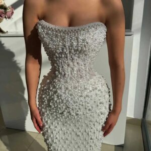 Gorgeous Mermaid Evening Dress Beading Pearls Strapless Luxury Prom Gown Sheath Sweep Train Party Dresses Customized