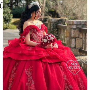 Luxury Red Beading Ball Gown Quinceanera Dresses 2025 Sweetheart Shiny Tulle Tiered Vestidos De 15 Quinceañera