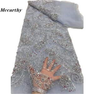 High Quality Beaded Lace Fabrics for Wedding Fabric Material Bule Bridal Lace with Sequins Luxury African Lace Fabric 5 Yards