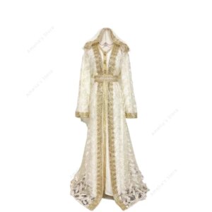 Feather Design Hooded Dubai Arabic Dress 2-Piece Set Embroidered Metallic Kaftan Middle Eastern Resort Wear Vacation Outfit