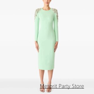 Short Evening Dress Customized Full Sleeves Round Neck Crystal Beading Tea Length Sheath Cocktail Party Gown Prom Dresses