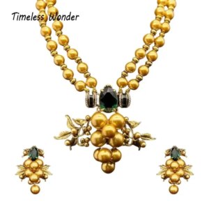 Timeless Wonder Fancy Zircon Glass Pearl Statement Necklace N Stud Earrings for Women Designer Jewelry Set Luxury Fine Rare 7524