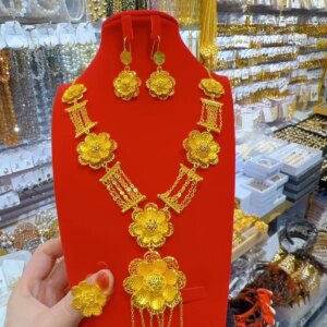 Dubai European New 24K Gold Plated Necklace, Earrings, Rings, Romantic Wedding Party Gift Jewelry Set for Lovers YY10575