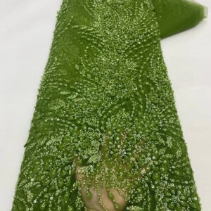 High Quality African Green Handmade Beaded Lace Fabric 2025 Sewing Sequins Embroidery Nigerian Lace Fabric Women Wedding Q439-1