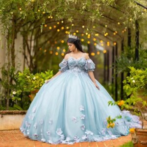 Customized Water blue Off Shoulder Quinceanera Dress Tull crystal applique 3D flower Lace vestidos de 15 Quinceanera