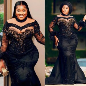 Plus Size Prom Dresses for Black Women Prom dress High Neck Feathered Long Sleeves Beaded Appliqued Lace Birthday Dress Second