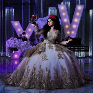 EVLAST Customized Champagne Ball Gown Quinceanera Dress Gold Lace Applique Beading Tiered Sweet 16 Vestidos De 15 Anos E1Q750