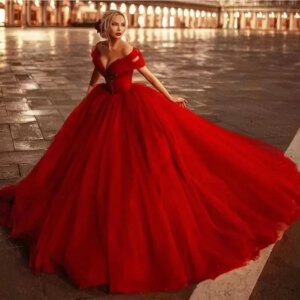 Charming Red Evening Dresses Dubai Arabic Princess Wedding Gowns Off The Shoulder Beads Women Formal Vestidos De Fiesta 2024