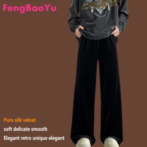 Silk Velvet Men’s Straight Leg Pants Black Soft Silky Loose Large Size Pants Fat 150KG Comfortable Breathable Light Luxury Men