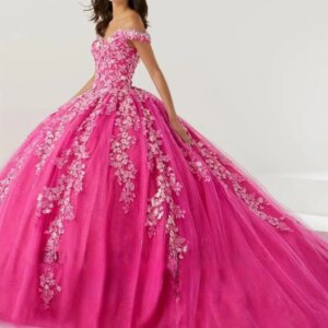 Customized Pink Quinceanera Dresses 3D sequined lace applique Long Off Shoulder Tull Vestidos De 15 Anos 24