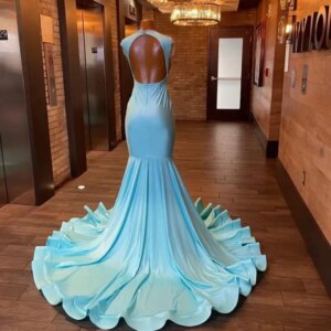 Sky Blue Women Long Black Girls Prom Dresses Sexy Sheer Top Luxury Diamond Mermaid Prom Gowns Evening Gala Party