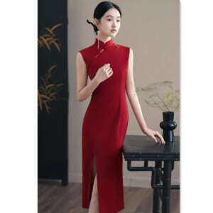 Red Girl Engagement Cheongsam Qi Pao Summer New Improved Chinese Style Rayon Long Sleeveless Dress